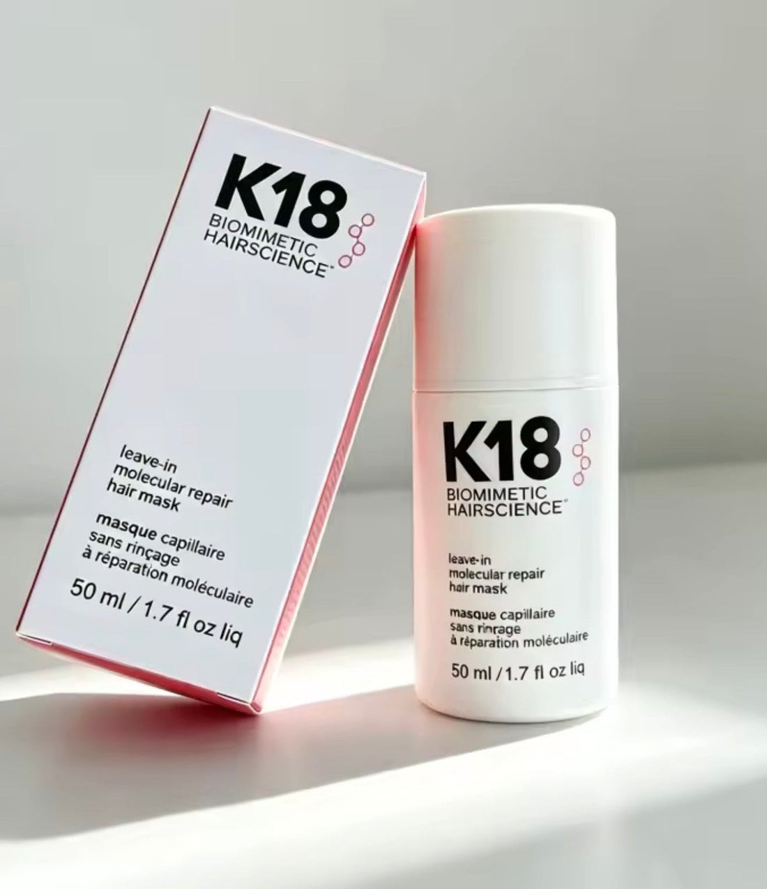Boîte et flacon du masque réparateur moléculaire K18 sans rinçage, 50 ml