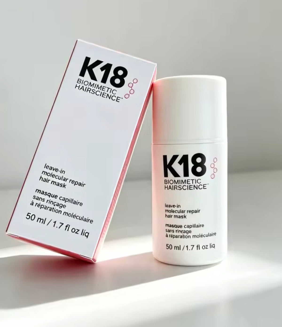 Boîte et flacon du masque réparateur moléculaire K18 sans rinçage, 50 ml